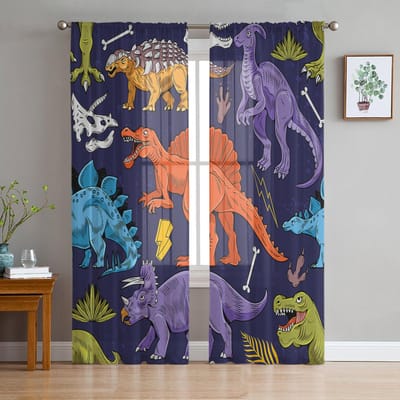 Dinosaurus Cartoon Voetsporen Doorzichtig Gordijn Voor Slaapkamer Tule Voile Gordijn Voor Keuken Woonkamer Decoratie Raambekleding 135W x 114H(cm) gray