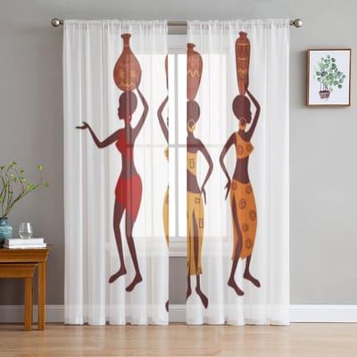 Etnische Vrouw Met Aardewerk Transparante Gordijnen Voor Slaapkamer Woonkamer Tule Gordijnen Voor Keukenraam Voile Gordijnen 135W x 114H(cm) white