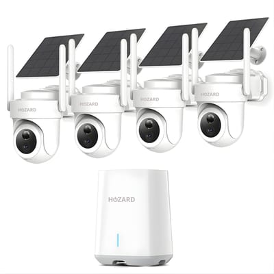 Hozard® 4K Ultra HD 4x Beveiligingscamera Buiten Set - Solar & P66 + HomeBase 64GB - Buiten Camera Met Nachtzicht - Outdoor WiFi Camera