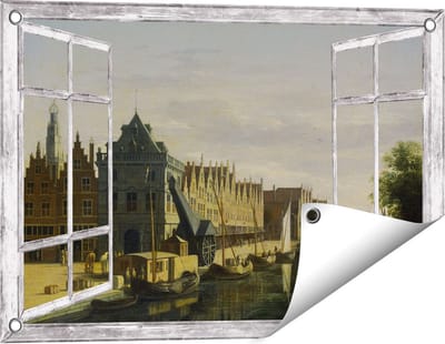 Gards Tuinposter Doorkijk De Waag en de Kraan aan het Spaarne te Haarlem - Gerrit Adriaensz Berckheyde - 60x40 cm - Tuindoek - Tuindecoratie - Wanddecoratie buiten - Tuinschilderij