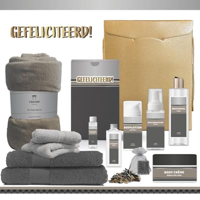 Geschenkset "Gefeliciteerd!" - 12 producten - 1910 gram | Giftset voor hem - Luxe cadeaubox man - Douchegel - Bodylotion - Bodycrème - Scrubzout - Verjaardag - Vader - Wellness - Pakket - Cadeau Geslaagd - Broer - Vriend - Collega - Antraciet Zilver