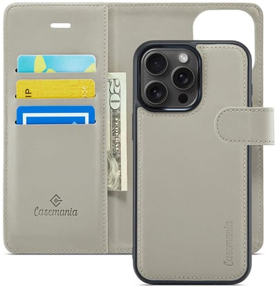 CaseMania Bookcase hoesje geschikt voor Apple iPhone 16 Pro Max - Effen Grijs - Kunstleer - 2-in-1 Magnetisch Uitneembaar Design