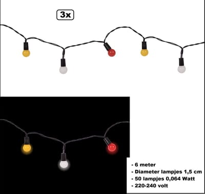 3x Verlichting rood/wit/geel 6 meter - Carnaval thema feest festival Verlichting optocht