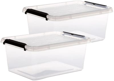 5Five opberg kist met deksel - 2x - Clip Box - 12,5 liter - 39 x 29 x 17 cm - kunststof - transparant