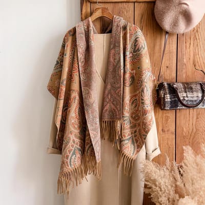 Mode Winter Warm Kasjmier Sjaal - Dames Met Kwastjes Vintage Bloemen Olieverf Afdruk Pashmina Dikke Sjaal & Poncho brown
