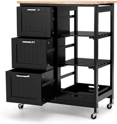 KOMFOTTEU Keukenwagen, vierlaagse keukenkast met werkblad, 3 laden en opbergrek, serveerwagen voor keuken en eetkamer 67 x 37 x 84 cm