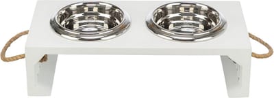 Set Houten Voerbak en Waterbak RVS Met Antislip Poten Wit