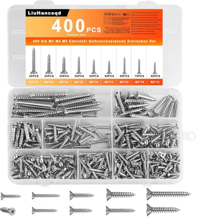 Famanu – RVS zelftappende schroeven assortiment met kruiskop en verzonken kop, geschikt voor hout en algemene montage (400 stuks)