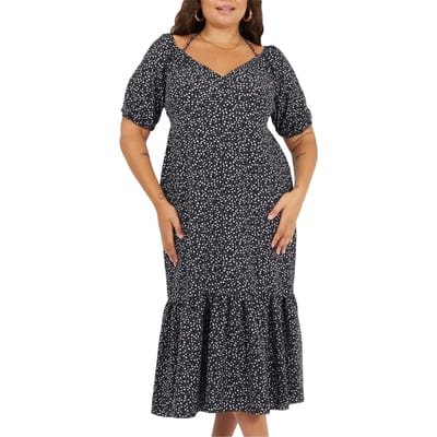Brave Soul Midi-jurk voor dames met V-hals, stippenpatroon en gebogen silhouet, met korte mouwen (Zwart/Paars)