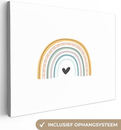 Muurdecoratie kinderkamer - Canvas doek kids - Regenboog - Pastel - Kinderen - Hartje - Kinder decoratie - Canvas kinderen - 40x30 cm
