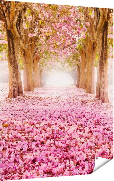 Gards Tuinposter Romantische Bomen Tunnel met Roze Anjers - 120x160 cm - Tuindoek - Tuindecoratie - Wanddecoratie buiten - Tuinschilderij