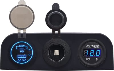 ProRide 12V USB Autolader 2 Poorten - 65W/QC3.0 - Voltmeter en 12V/24V Sigarettenplug - Drievoudig opbouw paneel