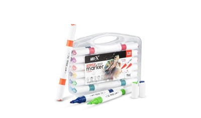 Rich Twinmarkers Acryl Markerset set van 12 – Dubbele Punt 1 mm & 6 mm – Sneldrogend, Waterbasis, Niet-giftig – Ideaal voor Tekeningen, DIY, Scrapbooking & Creatieve Projecten – 12 Kleuren