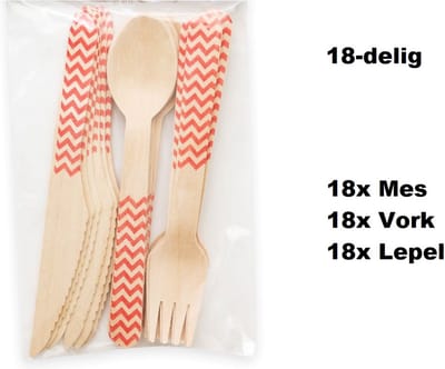 3x Bestekset wave hout 18-delig rood (54 stuks) - Feest festival thema party food diner