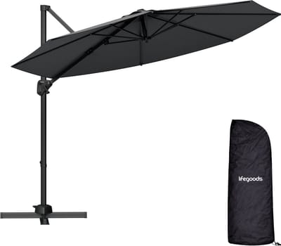 LifeGoods Zweefparasol - 6 Standen - 360° Draaibaar - Rond Ø295 cm - Inclusief Beschermhoes - Antraciet