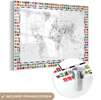 ® Glasschilderij 150x100 cm - Schilderij acrylglas - Wereldkaart - Zwart - Wit - Vlag - Foto op glas - Muurdecoratie woonkamer - Wanddecoratie slaapkamer - Schilderijen