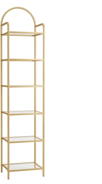 Boekenkast / Rek – Voor Slaapkamer, Badkamer & Thuiswerkplek – Slank Tempered Glass Rek met 6 Planken en Stalen Frame – Goud