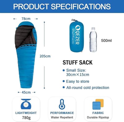 Donsslaapzak Lichtgewicht - Compacte Slaapzak - Kamperen Trekking Wandelen - Hoogwaardig 600 FP Dons - 215x78cm - Blauw
