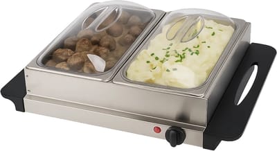 Lomera Buffetwarmer Elektrisch - Warmhoudplaat - Rvs Schalen - Transparante Deksels - Variabel Instelbare Temperatuur - Geïsoleerde Handgrepen - Oververhittingsbeveiliging - Anti-Slip Voetjes - Aan/Uit Schakelaar