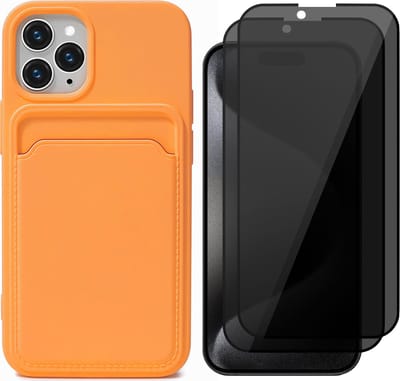 Hoesje Pasjeshouder geschikt voor iPhone 15 Pro - 2x Privacy Screenprotector FullGuard - Siliconen Case Back Cover Oranje & Screen Protector