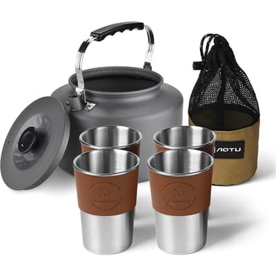 Kampeerwaterkoker voor Open Vuur 2L Kampeerwaterkoker + 4*360ML Roestvrijstalen Bekers met Hittebestendig zilver