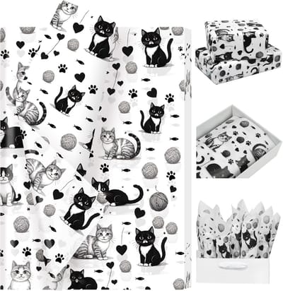 100 Vellen Luxe Tissuepapier met Zwarte Katjes, Pootjes en Garen Patroon - Inpakpapier Cadeau
