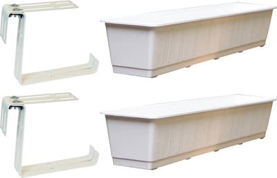 Set van 4 kunststof plantenbakken wit rechthoekig 80 cm met 8 verstelbare railing beugels
