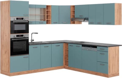 Vicco Hoekkeuken R-Line, Blauw-grijs/Goudkleurig Eiken, 247 x 237 cm, WB Antraciet