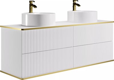 Vente-unique Hangmeubel voor badkamer met ribbels en goudkleurige rand met ronde opbouwwastafel met 4 lades - Wit - 150 cm - KELIZA