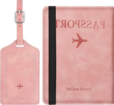 Elegante Paspoorthoes Set met Bagagelabel, RFID-Bescherming, en Opbergvak voor Bank- en Creditcards in Roze