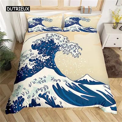 Dekbedovertrek Japanse Stijl Zee Oceaan Golven Nautisch Handgetekend Japanse Stijl Overtrek Illustratie Ukiyoe Thema Decor Blauw Crème AU Single(140x210cm)