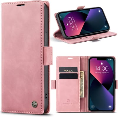 Geschikt Voor iPhone 13 Pro Hoesje - Solidenz Urban Bookcase 13 Pro - Telefoonhoesje 13 Pro - 13 Pro Case Met Pasjeshouder - PU Leren Hoes - Draadloos Opladen - Roze