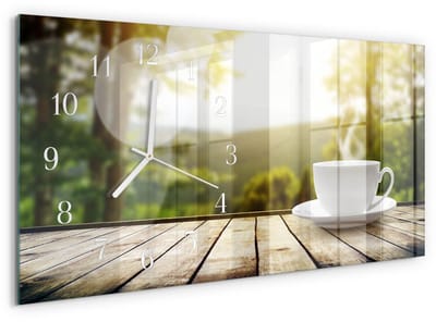 Tulup Wandklok - Koffie Glazen Klok Met Print - 60x30 cm - Groente Moderne Glazen Wandklok - Witte Handen - Rechthoekige Wandklok - Moderne Wandklok Glas - Wandklok Glas Decoratie