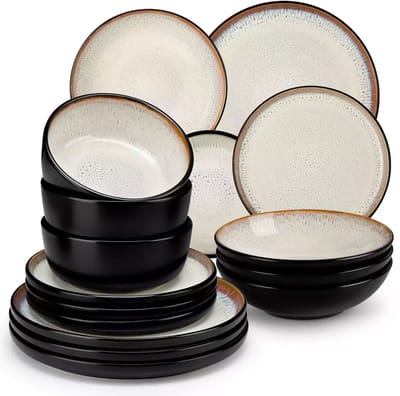 Serviesset - 4 Persoons Servies - Keramiek - Diner- en Dessertbord - Ontbijt- en Soepkom - 16-delige Set - Zwart - Beige