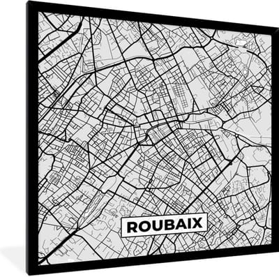 Fotolijst incl. Poster - Plattegrond - Roubaix - Stadskaart - Kaart - Frankrijk - 40x40 cm - Posterlijst