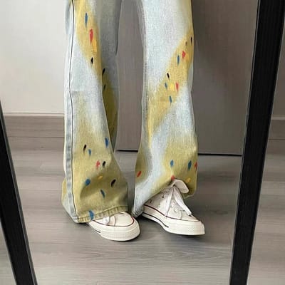 Graffiti Design Jeans voor Dames In Herfst en Winter Nieuwe Losse Rechte Wijde Pijp Casual Vloerlange Broek M gray