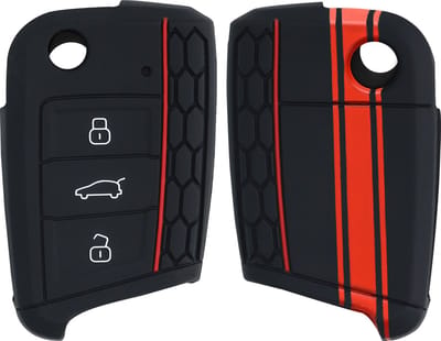 kwmobile autosleutel hoesje geschikt voor VW Golf 7 MK7 3-knops autosleutel - Autosleutel behuizing in rood / zwart - Rallystrepen design