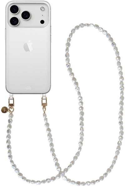 xoxo Wildhearts siliconen hoesje - Geschikt voor iPhone 17 Pro Max hoesje - Pearlfection - Telefoonhoesje - Hoesje met koord - Parelketting - lang telefoonkoord - Transparant hoesje (lange variant)