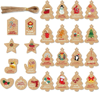 Kerstlabels van Kraftpapier met Touw, 50 Stuks, 25 Ontwerpen voor Cadeauverpakking, Kerstkaarten en Creatieve Projecten