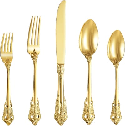 barok Goud 18/10 roestvrij staal 20-delige bestekset, roestvrij stalen bestekset, inclusief vork, lepel en mes, in geschenkdoos