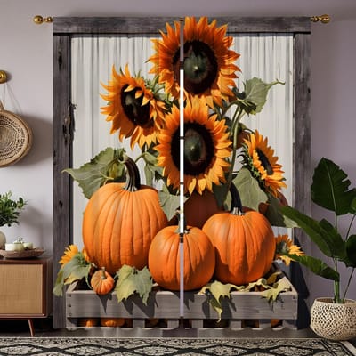 2 stuks HD Oogstfestival Zonnebloem Pompoen gordijn Geel lint digitaal bedrukt gordijn Huisdecoratie stijl Versier woonkamer b W52H63inchW132H160cm black