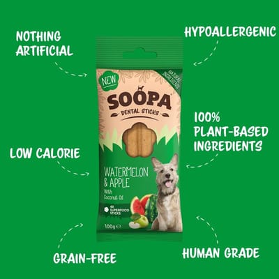 Soopa Dental Sticks Watermelon & Apple (Watermeloen & Appel) - Vegan Hondensnack - Gebitsverzorging - Graanvrij - Hypoallergeen