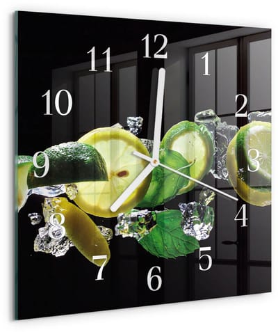 Tulup Wandklok - Citroen en limoen Glazen Wandklok Design - 30x30 cm - Groente Klok Glas Met Opdruk - Witte Handen - Vierkante Wandklok - Wandklok Glas Decoratie - Gekleurde Glazen Klok