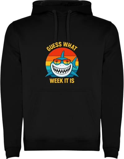 Zwarte hoodie Kleurrijke Haai Guess what week it is - raad eens welke week het is Haai met Zonnebril - Lachen - Humor Maat M