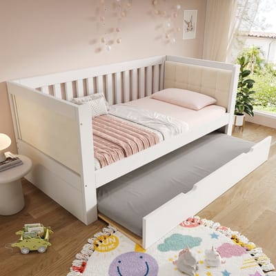 DESMIU Bed 90x200cm - Met Uittrekbed 90x190cm - Ruimtebesparend Met Hoofdbord En Lattenbodem - Voor Gastenkamer - Hout - Wit - Zonder Matras
