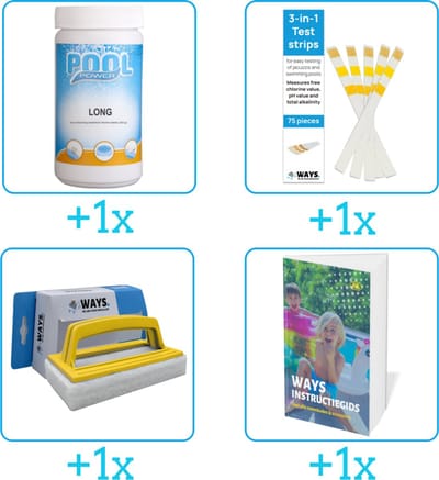 Zwembad Onderhoudspakket - Onderhoud Zwembad - bevat Chloor - Testrips - Scrubborstel en Zwembadgids (4-delig)