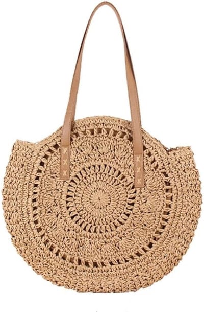 longziming -Papieren rieten tas - Shopper tas rond - Schoudertas - Grote inhoud - Papieren koffer - Handgemaakt & Retro stijl - 1 stuk