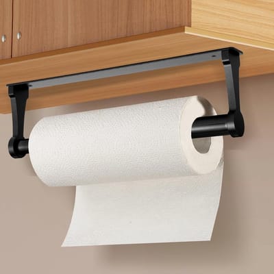 Famanu - Keukenrolhouder zonder boren, papierrolhouder voor aan de muur, keukenpapierhouder onder kast, zelfklevende of boorbaar, keuken, badkamer, opslag en organisatie, aluminium zwart
