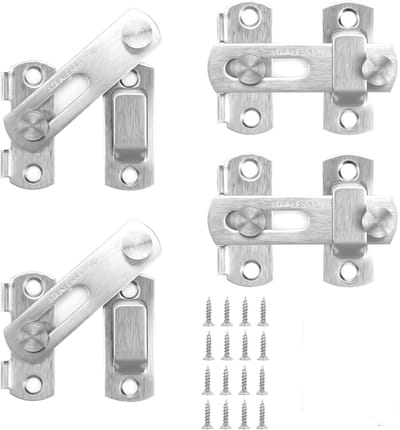 Schuifdeur Grendel - 4 stuks - 180° Schuifdeur Slot - RVS haakse grendel - Beveiligingsslot - Deurslot - Grendel - Deurvergrendeling - Voor schuur poort berging, tuinhuis deur, kast laten - 7×5cm - Zilver