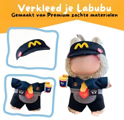 Fastfood Medewerker Outfit Kleding Blauw – Met Stropdas en Drankje in Hand – Speelse Cute Outfit Accessoire Geschikt voor Labubu (Pop Niet Inbegrepen)